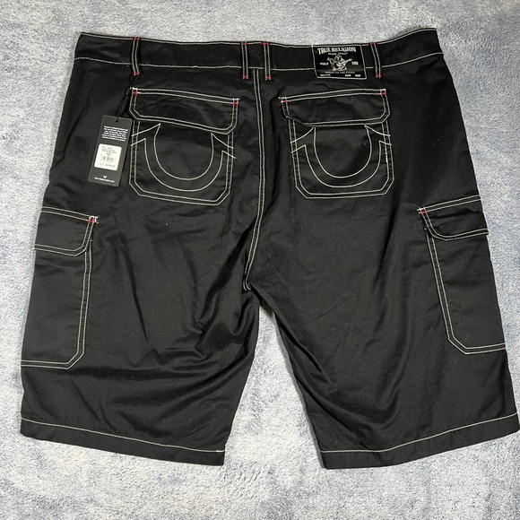 True Religion Mens Jet Black Cargo Shorts White Contrast Stitch Size 44 NWT - Picture 11 of 16